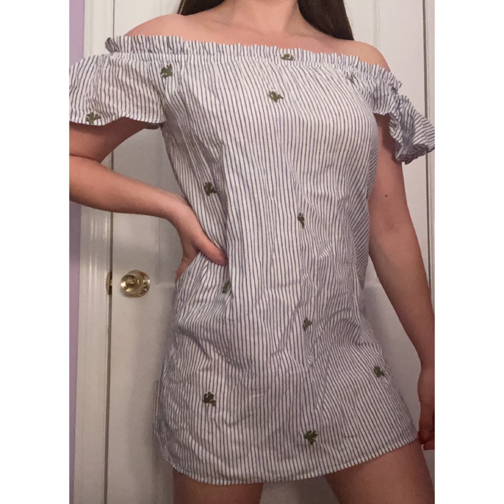 pinstripe off the shoulder cactus dress